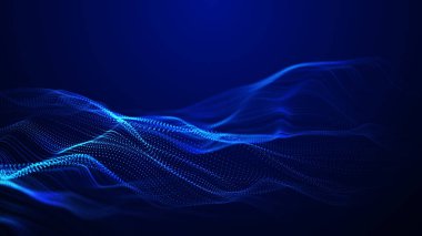 Hareketli noktalı soyut dalga. Parçacık akışı. Siber teknoloji çizimi. 3d oluşturma.