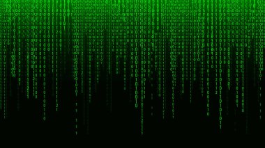 Yeşil matris arka planı. Ekranda düşen sayılar. Teknoloji akışı ikili kodu. Dijital vektör illüstrasyonu.