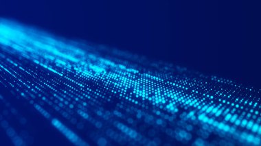 Parlayan parçacıkların olduğu dijital arkaplan. Fütürist yüksek teknoloji çizimi. Siber uzayda veri transferi kavramı. Büyük veri görselleştirmesi. 3d oluşturma.