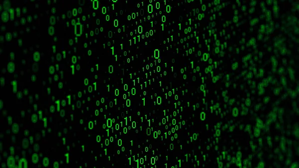 Technology stream binary code. Digital illustration. Green matrix background. Programming, coding, hacking and encryption. 3d rendering.