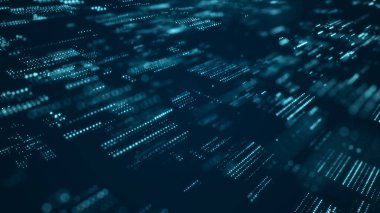 Parlayan parçacıkların olduğu dijital arkaplan. Fütürist yüksek teknoloji çizimi. Siber uzayda veri transferi kavramı. Büyük veri görselleştirmesi. 3d oluşturma.