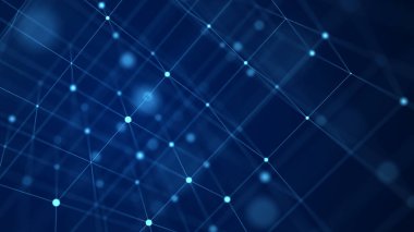 Dijital engelleme zinciri konsepti ve veri transfer sistemi. Noktalar ve çizgiler arasındaki soyut kablo arkaplanı. Veri hücrelerinin depolanması. 3d oluşturma.