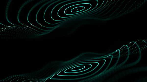 Abstract circle wave with moving dots. Flow of particles. Cyber technology illustration. 3d rendering