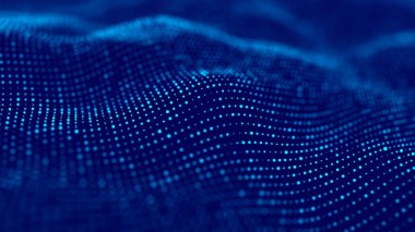 Hareketli noktalı soyut dalga. Parçacık akışı. Teknoloji çizimi. 3d oluşturma