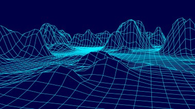 Teknoloji kablo çerçevesi. Gelecekçi çokgen arazi arka planı. Dijital vektör illüstrasyonu.