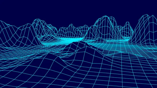 Teknoloji kablo çerçevesi. Gelecekçi çokgen arazi arka planı. Dijital vektör illüstrasyonu.