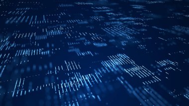 Parlayan parçacıkların olduğu dijital arkaplan. Fütürist yüksek teknoloji çizimi. Siber uzayda veri transferi kavramı. Büyük veri görselleştirmesi. 3d oluşturma.