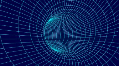 Fütürist huni. Telgraf çerçeveli uzay yolculuğu tüneli. Yüzey warp hızına sahip soyut mavi solucan deliği.