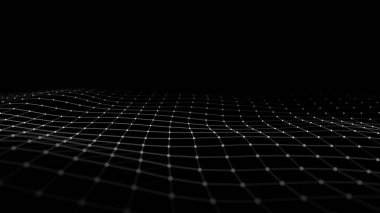 Dijital teknoloji dalgası. Uzayda hareket eden nokta ve çizgilerin olduğu soyut bir arkaplan. Fütürist dinamik dalga. Vektör illüstrasyonu.