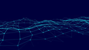 Dijital teknoloji dalgası. Uzayda hareket eden nokta ve çizgilerin olduğu soyut bir arkaplan. Fütürist dinamik dalga. Vektör illüstrasyonu.
