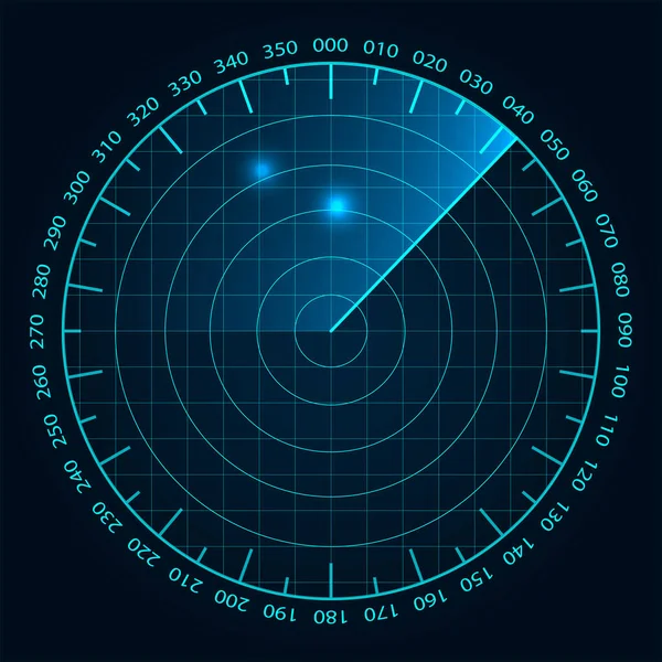 ブルーレーダー画面 軍用航空検索システム Hudレーダー表示 未来的なインターフェース無線検出 ベクターイラスト — ストックベクタ