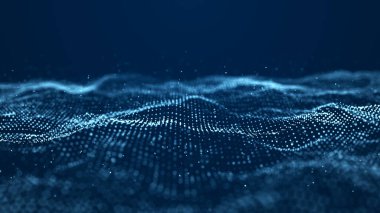 Hareketli noktalı soyut dalga. Parçacık akışı. Teknoloji çizimi. 3d oluşturma