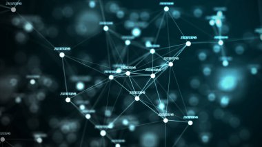 Dijital engelleme zinciri konsepti ve veri transfer sistemi. Ağ bağlantısı yapısı. Hareketli noktalar ve çizgilerle soyut bir arkaplan. Fütürist illüstrasyon. 3d oluşturma.