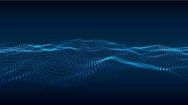 Dijital teknoloji dalgası. Uzayda hareket eden noktaları olan soyut bir arkaplan. Fütürist dinamik dalga. Vektör illüstrasyonu.