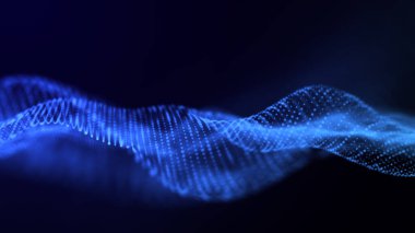 Hareketli noktalı soyut mavi dalga. Parçacık akışı. Teknoloji çizimi. 3d oluşturma