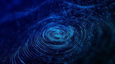 Hareketli noktalı soyut daire dalgası. Parçacık akışı. Siber teknoloji çizimi. 3d oluşturma