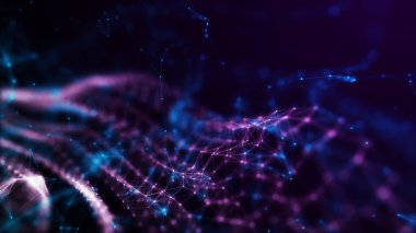 Hareketli noktalı soyut dalga. Parçacık akışı. Teknoloji çizimi. 3d oluşturma