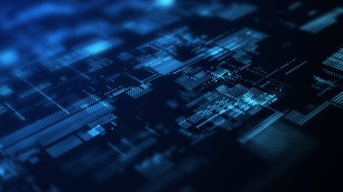 Parlayan parçacıkların olduğu dijital arkaplan. Fütürist yüksek teknoloji çizimi. Siber uzayda veri transferi kavramı. Büyük veri görselleştirmesi. 3d oluşturma.