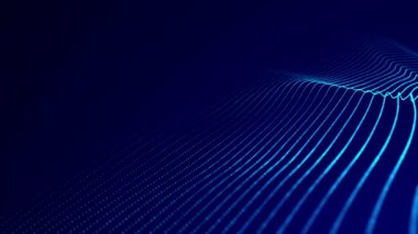 Geleceğin teknoloji illüstrasyonu. Dijital dinamik dalga. Uzayda hareket eden nokta ve çizgilerin olduğu soyut bir arkaplan. 3d oluşturma