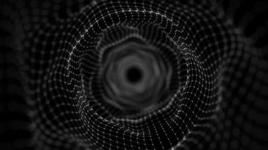Hareket eden parlayan noktalardan oluşan siber tünel. Gelecekçi sonsuz uzay arkaplanı. Siber uzayda veri transferi kavramı. Yüksek teknolojili illüstrasyon. 3d oluşturma.