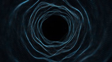 Hareket eden parlayan noktalardan oluşan siber tünel. Gelecekçi sonsuz uzay arkaplanı. Siber uzayda veri transferi kavramı. Yüksek teknolojili illüstrasyon. 3d oluşturma.