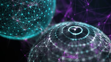 Mavi molekül. Noktalar ve doğrulardan oluşan bir küre. Modern kablo elementleri. Teknoloji küresi. 3d oluşturma.