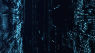 Parlayan parçacıkların olduğu dijital arkaplan. Fütürist yüksek teknoloji çizimi. Siber uzayda veri transferi kavramı. Büyük veri görselleştirmesi. 3d oluşturma.