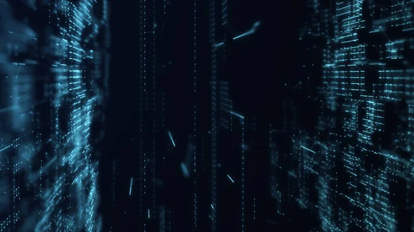 Parlayan parçacıkların olduğu dijital arkaplan. Fütürist yüksek teknoloji çizimi. Siber uzayda veri transferi kavramı. Büyük veri görselleştirmesi. 3d oluşturma.