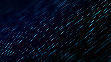 Hareketli noktalı soyut mavi dalga. Parçacık akışı. Teknoloji çizimi. 3d oluşturma