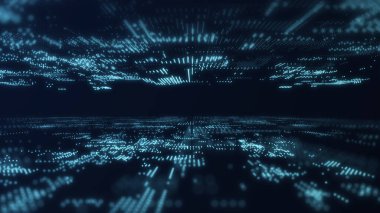 Parlayan parçacıkların olduğu dijital arkaplan. Fütürist yüksek teknoloji çizimi. Siber uzayda veri transferi kavramı. Büyük veri görselleştirmesi. 3d oluşturma.