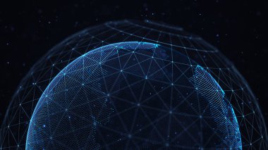 Genel ağ bağlantısı. Siber güvenlik kavramı. Gelecekçi dünya haritası. 3B görüntüleme.
