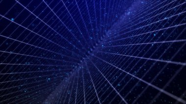 Soyut perspektif ızgarası. Geçmişe dönük dijital arkaplan. Mavi arka planda kablo çerçeveli siber manzara. 3d oluşturma.