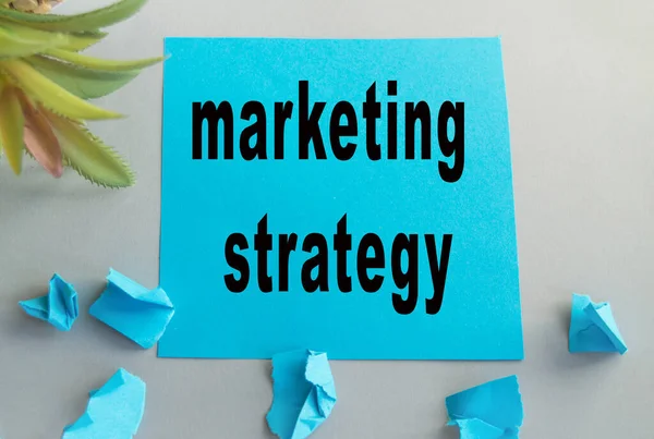 Ein blauer Zettel mit der Beschriftung der Marketingstrategie. Zerknüllte Papierbögen, eine Pflanze. Draufsicht auf grauem Tischhintergrund — Stockfoto
