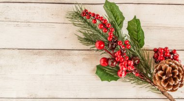 Kırmızı böğürtlenli ladin dallarından ve açık ahşap zemin üzerinde kahverengi çam kozalaklarından yapılmış Noel süslemeleri. Metin için alan, üst görünüm, düz alan. Dal sağ tarafta.