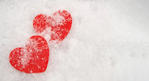 Two beautiful romantic red hearts covered with snow, together on a white snowy background. The concept of love and Valentines Day — Stock Photo, Image