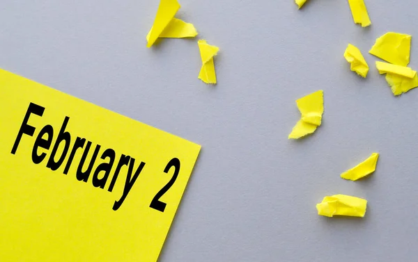 Concepto Día de la Marmota, 2 de febrero escrito en papel amarillo acostado sobre un fondo gris, esparcido alrededor de pequeños pedazos rotos —  Fotos de Stock