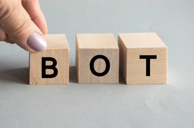 Kategori bilgisayar, yazılım ve İnternet 'ten harfler ve sözcükler içeren tahta bir küpte BOT yazımı