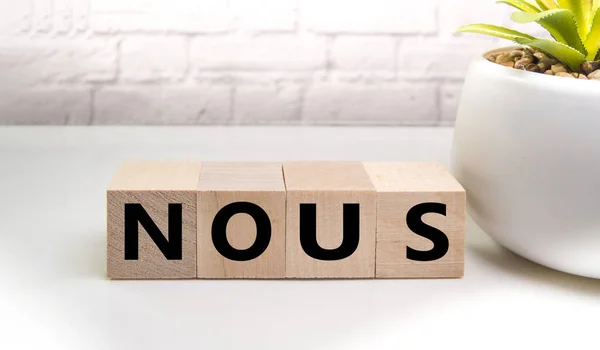 Wooden elements cubes with letters and the word NOUS on a light table against a brick wall, business concept and WAY OF THINKING