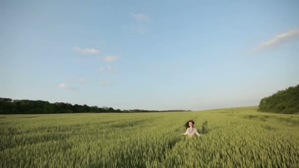 Młoda kobieta idzie przez pole — Wideo stockowe