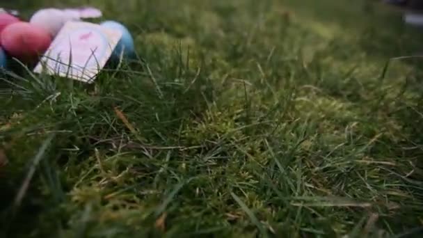 Зайчики и яйца на зеленой траве — стоковое видео
