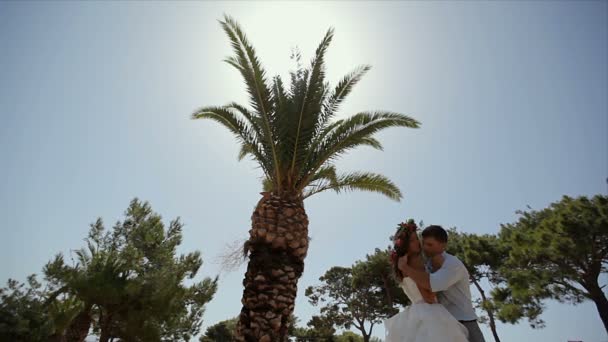 Sposa e sposo che si baciano sotto una palma. Giorno del matrimonio — Video Stock