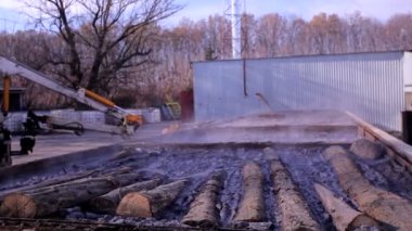 Bir kazıcı bir mobilya fabrikasının bahçesindeki kütükleri kaldırır..