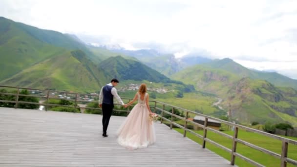 Sposi felici su uno sfondo di montagne il giorno del loro matrimonio. Georgia — Video Stock