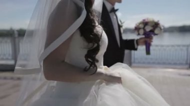 Gelin ve damat, mavi göle karşı set boyunca yürüyorlar. düğün günü