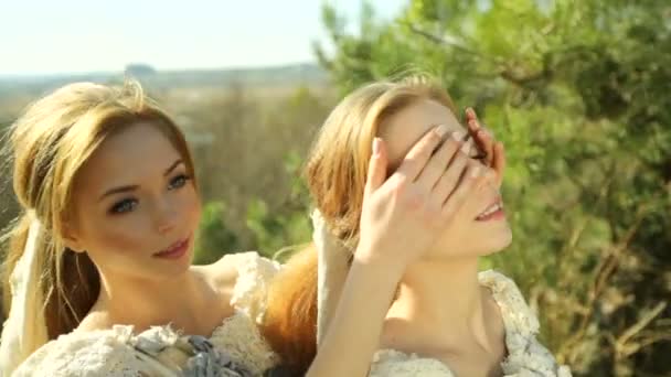 Дві дівчини-близнюки відпочивають у лісі. крупним планом . — стокове відео