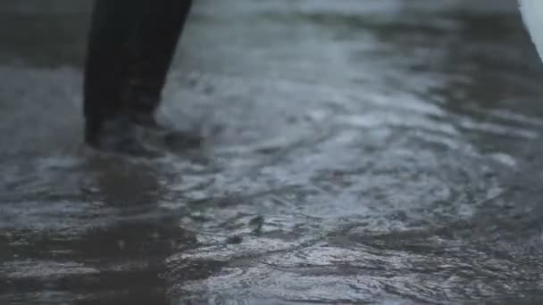 La mariée et le marié sautant dans la flaque sous la pluie — Video