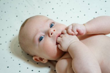 cute four month old baby sucking his fingers close up