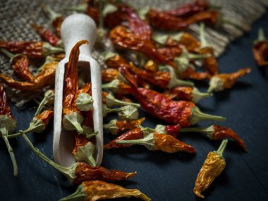 Koyu arkaplanda ahşap bir kaşıkta kurutulmuş kırmızı biber, mesaj için yer var.