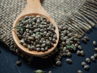 Tahta bir kaşıkta siyah bir masada kenevir tohumu.