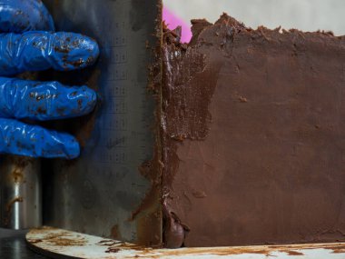 Pasta şefi kız ganache sürülmüş çikolatalı kek yapıyor.